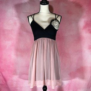 V-neck Black and Sheer Pink Flowy Flower Mini Dress